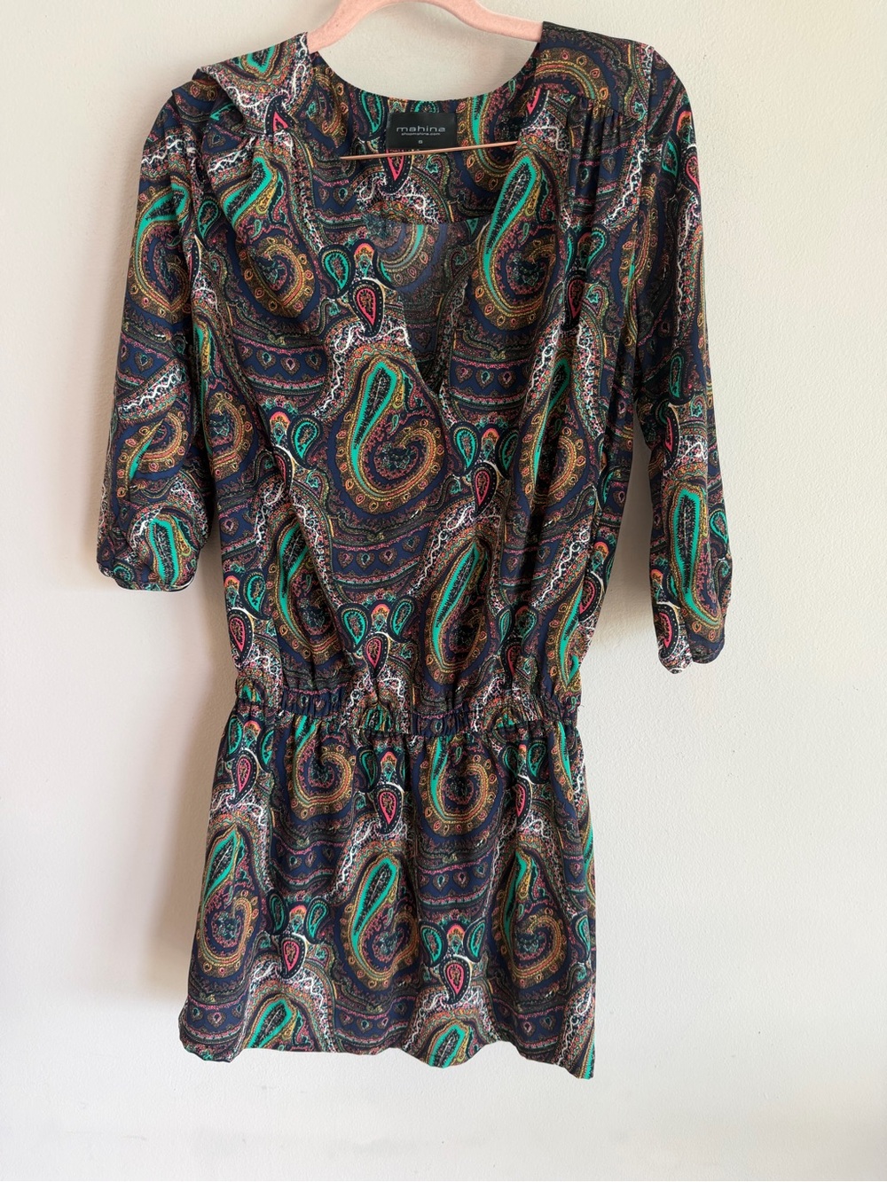 MAHINA Paisley V-Neck Long Sleeve Mini Dress Elastic Waist Navy Blue Small